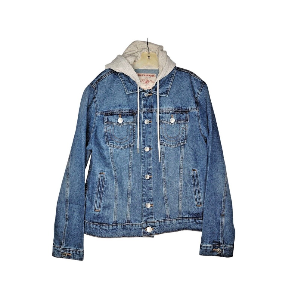 True Religion Mens XL‎ Blue Denim Trucker Hoodie Jacket Jean Coat New With Tags